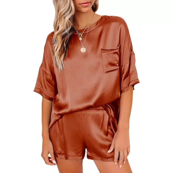 LYANER Women's Satin Silky Pajama Set Short Sleeve T-shirt With Shorts Set PJ Loungewear