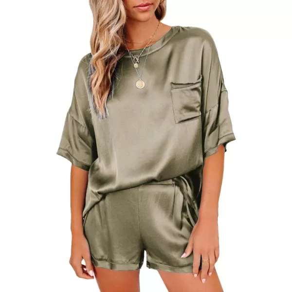 LYANER Women's Satin Silky Pajama Set Short Sleeve T-shirt With Shorts Set PJ Loungewear