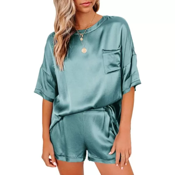 LYANER Women's Satin Silky Pajama Set Short Sleeve T-shirt With Shorts Set PJ Loungewear