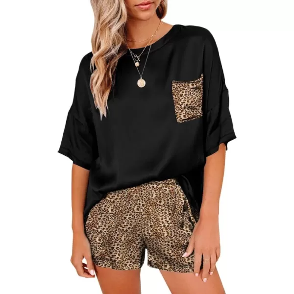 LYANER Women's Satin Silky Pajama Set Short Sleeve T-shirt With Shorts Set PJ Loungewear