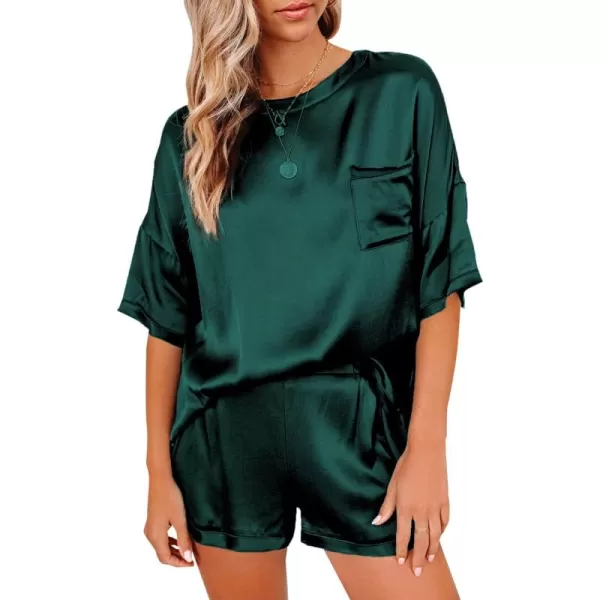LYANER Women's Satin Silky Pajama Set Short Sleeve T-shirt With Shorts Set PJ Loungewear