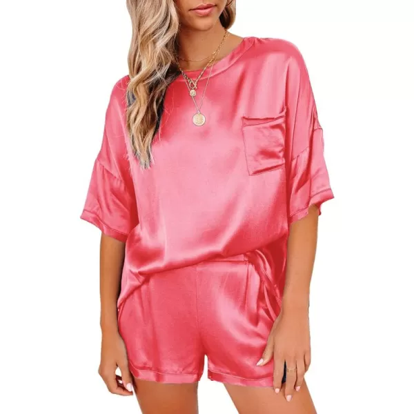 LYANER Women's Satin Silky Pajama Set Short Sleeve T-shirt With Shorts Set PJ Loungewear