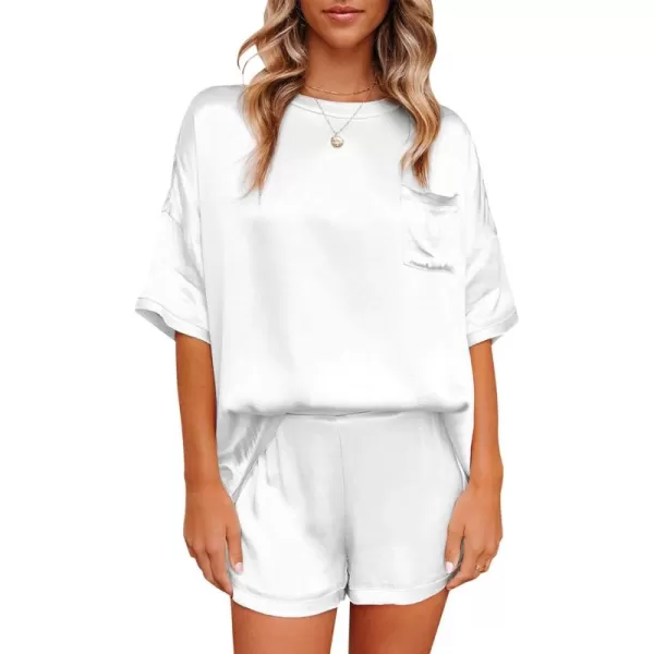 LYANER Women's Satin Silky Pajama Set Short Sleeve T-shirt With Shorts Set PJ Loungewear