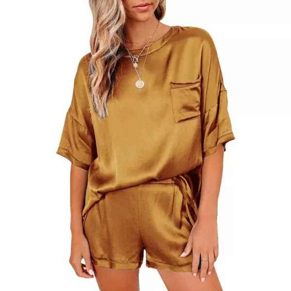 LYANER Women's Satin Silky Pajama Set Short Sleeve T-shirt With Shorts Set PJ Loungewear