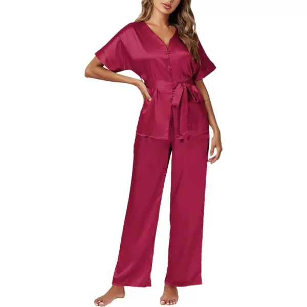LYANER Women's Satin Silky Pajamas Set Button Down Short Sleeve Tops Loungewear Pjs and Pants