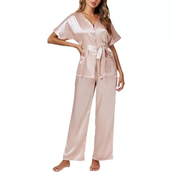 LYANER Women's Satin Silky Pajamas Set Button Down Short Sleeve Tops Loungewear Pjs and Pants