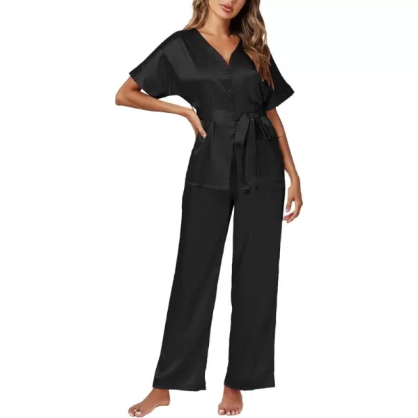 LYANER Women's Satin Silky Pajamas Set Button Down Short Sleeve Tops Loungewear Pjs and Pants