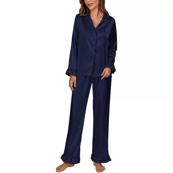 LYANER Women's Satin Silky Pajamas Set Collar Long Sleeve Shirt with Long Pant Set PJS Sleepwear
