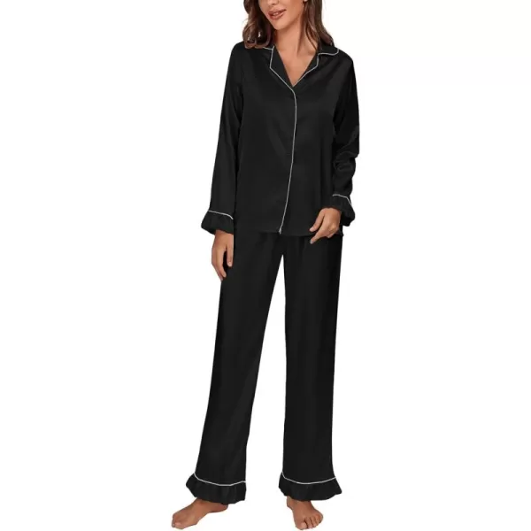 LYANER Women's Satin Silky Pajamas Set Collar Long Sleeve Shirt with Long Pant Set PJS Sleepwear