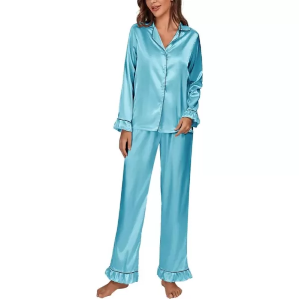 LYANER Women's Satin Silky Pajamas Set Collar Long Sleeve Shirt with Long Pant Set PJS Sleepwear