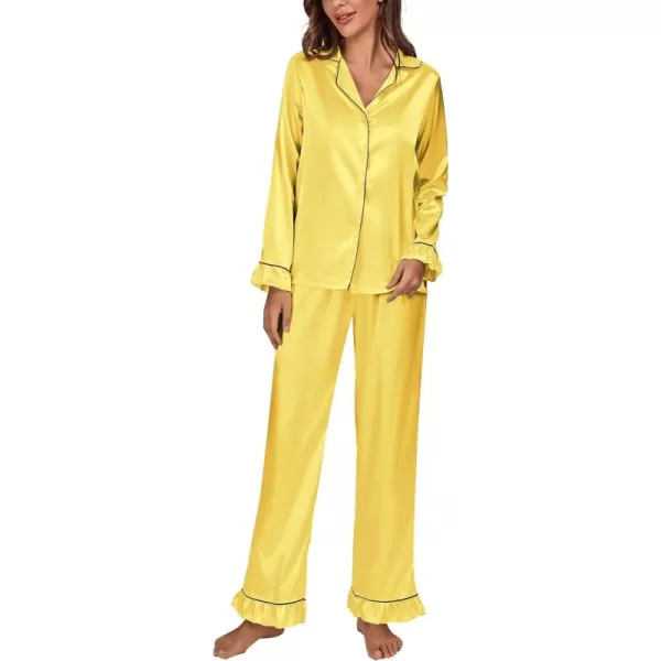 LYANER Women's Satin Silky Pajamas Set Collar Long Sleeve Shirt with Long Pant Set PJS Sleepwear
