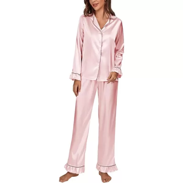 LYANER Women's Satin Silky Pajamas Set Collar Long Sleeve Shirt with Long Pant Set PJS Sleepwear