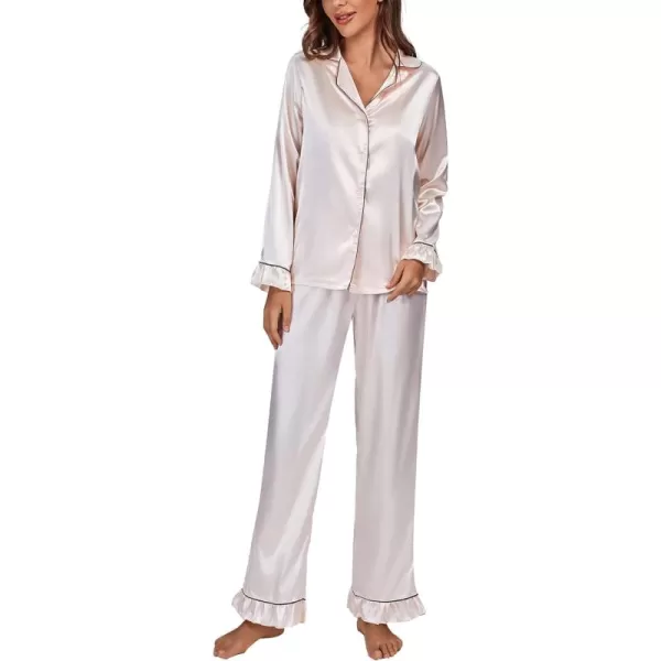 LYANER Women's Satin Silky Pajamas Set Collar Long Sleeve Shirt with Long Pant Set PJS Sleepwear