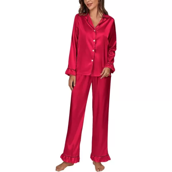 LYANER Women's Satin Silky Pajamas Set Collar Long Sleeve Shirt with Long Pant Set PJS Sleepwear