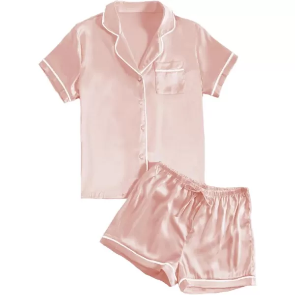 LYANER Women's Satin Silky Short Sleeve Button Shirt Sleepwear 2Piece Pajama Set