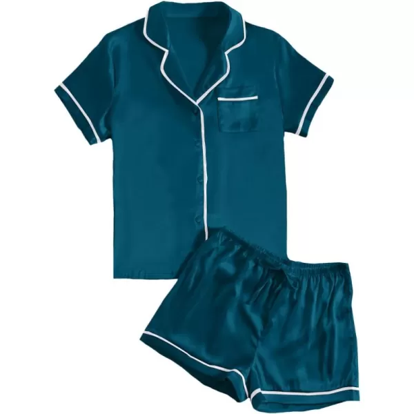 LYANER Women's Satin Silky Short Sleeve Button Shirt Sleepwear 2Piece Pajama Set