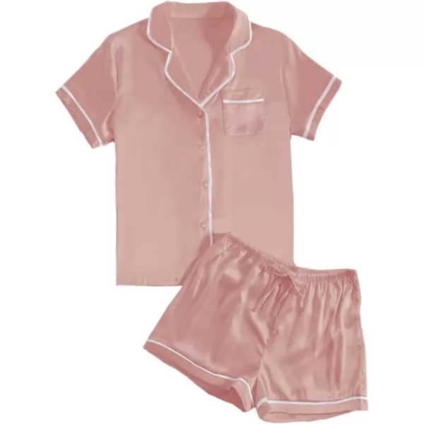 LYANER Women's Satin Silky Short Sleeve Button Shirt Sleepwear 2Piece Pajama Set