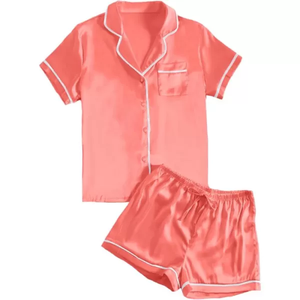 LYANER Women's Satin Silky Short Sleeve Button Shirt Sleepwear 2Piece Pajama Set