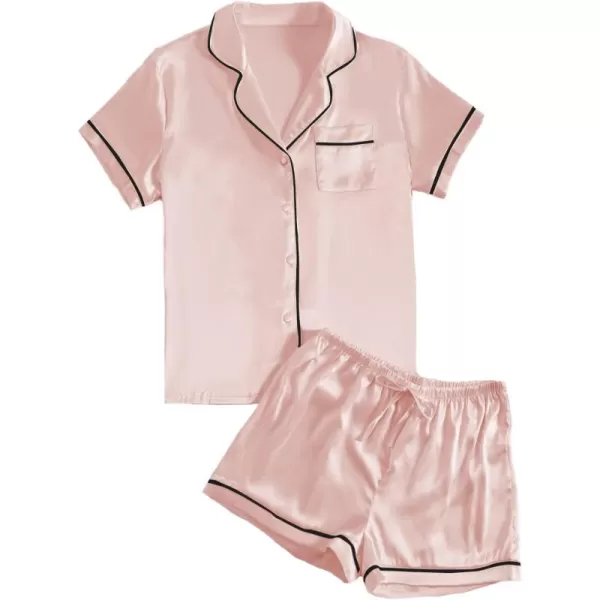 LYANER Women's Satin Silky Short Sleeve Button Shirt Sleepwear 2Piece Pajama Set
