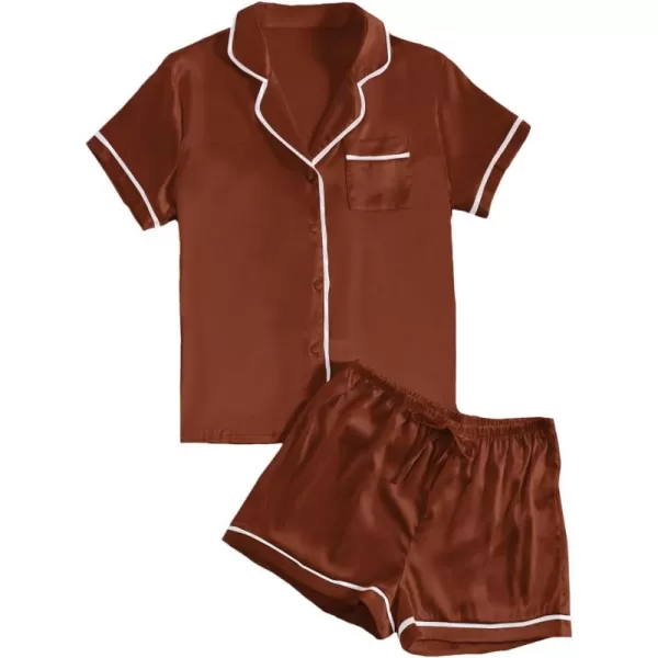 LYANER Women's Satin Silky Short Sleeve Button Shirt Sleepwear 2Piece Pajama Set