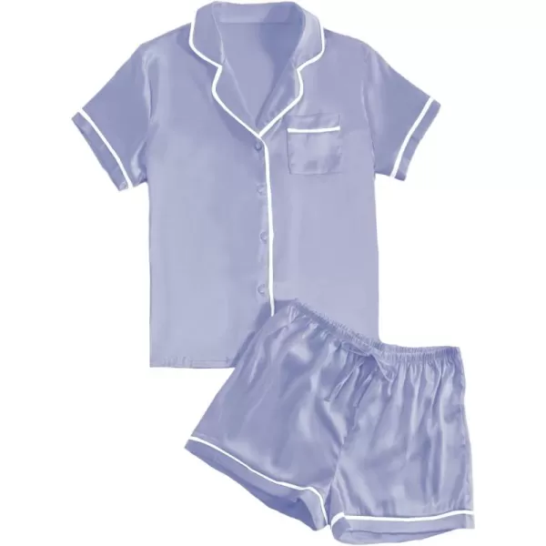 LYANER Women's Satin Silky Short Sleeve Button Shirt Sleepwear 2Piece Pajama Set