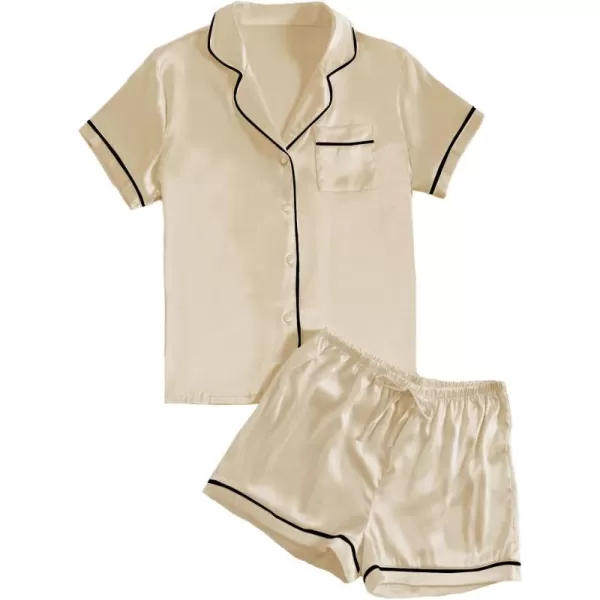 LYANER Women's Satin Silky Short Sleeve Button Shirt Sleepwear 2Piece Pajama Set