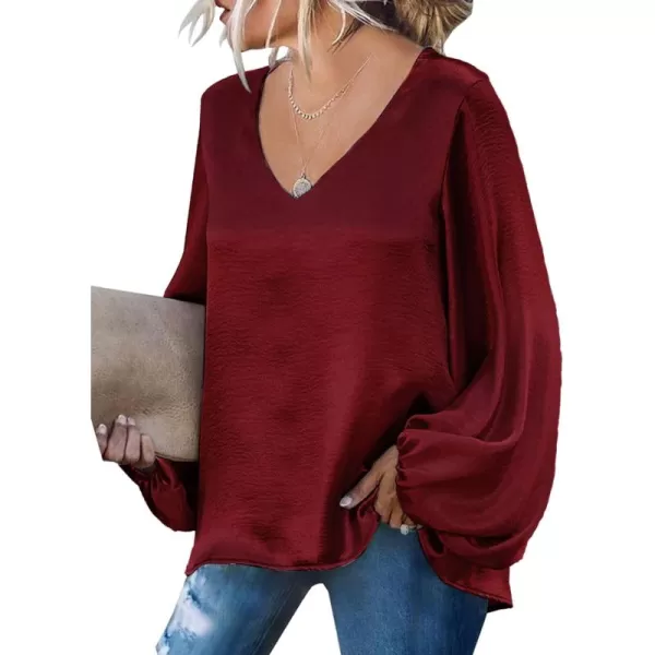 LYANER Women's Satin Silky V Neck Long Sleeve Blouse Shirt Tunic Top