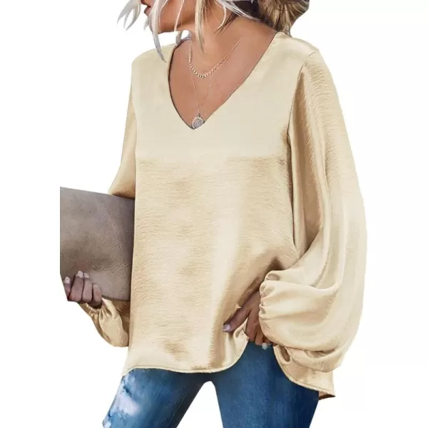LYANER Women's Satin Silky V Neck Long Sleeve Blouse Shirt Tunic Top