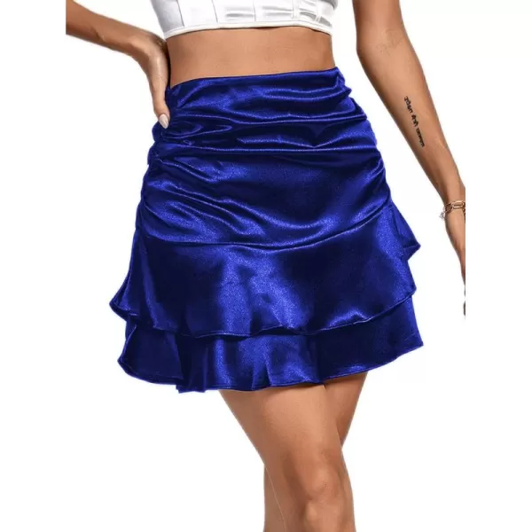LYANER Women's Satin Skily Ruched Elastic Waist Layered Ruffle Hem Short Skirt