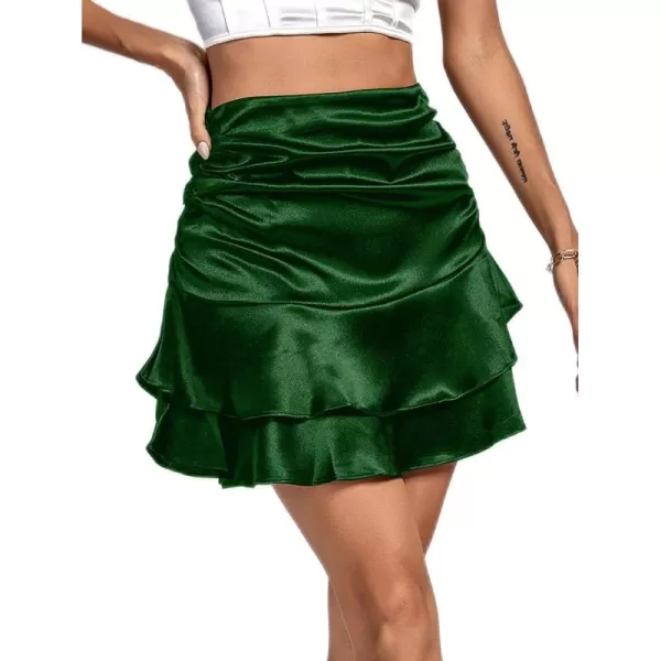 LYANER Women's Satin Skily Ruched Elastic Waist Layered Ruffle Hem Short Skirt