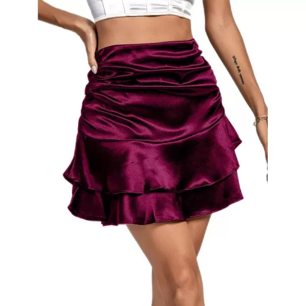 LYANER Women's Satin Skily Ruched Elastic Waist Layered Ruffle Hem Short Skirt