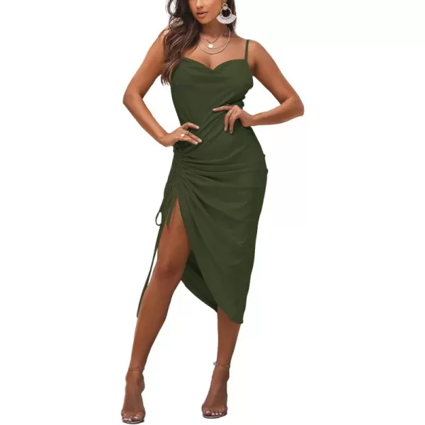 LYANER Women's Satin Spaghetti Straps Cowl Neck Sexy Ruch Cocktail Midi Dresses