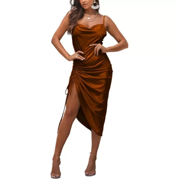 LYANER Women's Satin Spaghetti Straps Cowl Neck Sexy Ruch Cocktail Midi Dresses