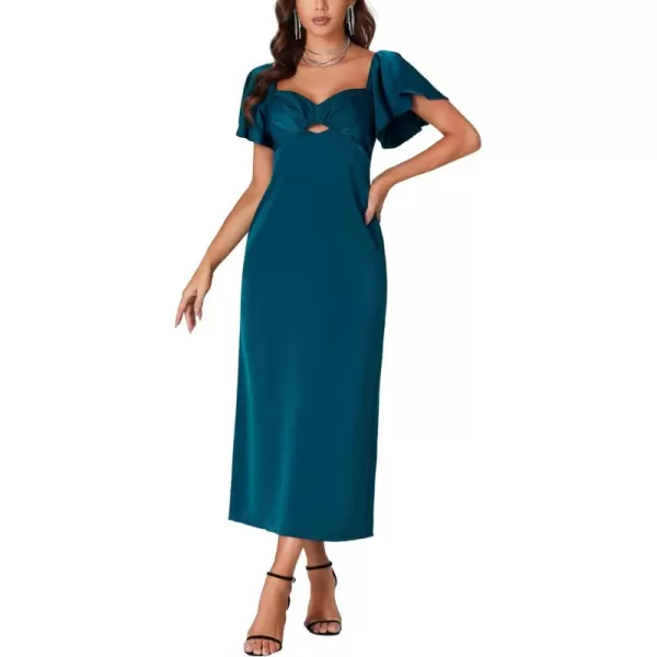 LYANER Women's Satin Sweetheart Cut Out Ruffle Short Sleeve Solid Midi Dress