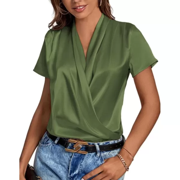 LYANER Women's Satin V Neck Short Sleeve Wrap Elegant Blouse Shirt