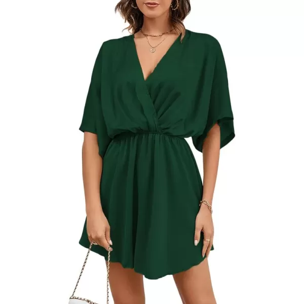 LYANER Women's Satin V Neck Twist Ruffle Flowy Swing Short Sleeve Elegant Mini Dress