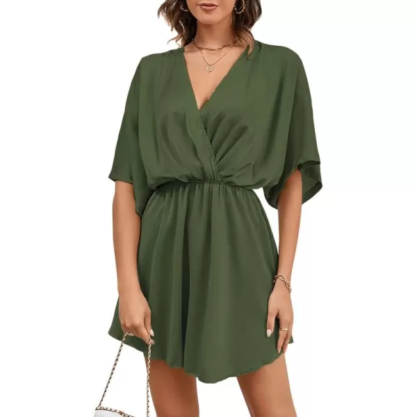 LYANER Women's Satin V Neck Twist Ruffle Flowy Swing Short Sleeve Elegant Mini Dress