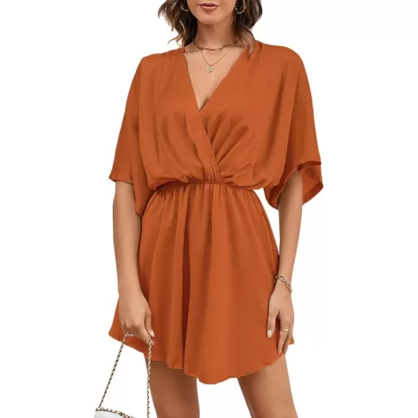LYANER Women's Satin V Neck Twist Ruffle Flowy Swing Short Sleeve Elegant Mini Dress