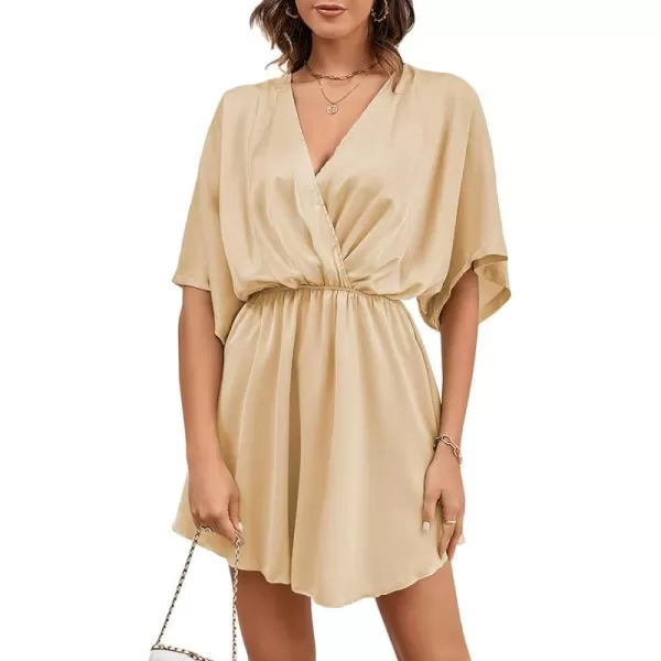 LYANER Women's Satin V Neck Twist Ruffle Flowy Swing Short Sleeve Elegant Mini Dress