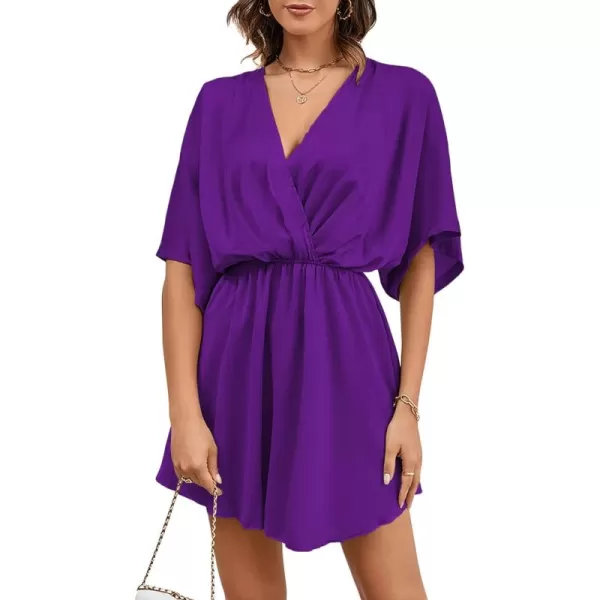 LYANER Women's Satin V Neck Twist Ruffle Flowy Swing Short Sleeve Elegant Mini Dress