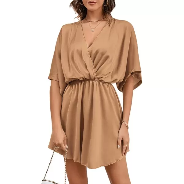 LYANER Women's Satin V Neck Twist Ruffle Flowy Swing Short Sleeve Elegant Mini Dress