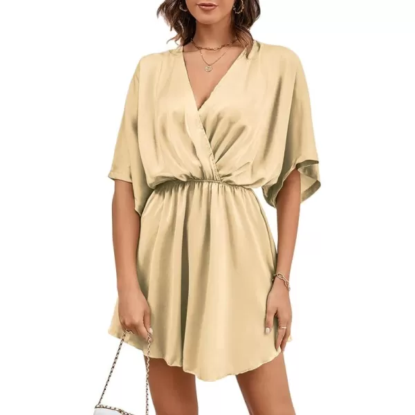 LYANER Women's Satin V Neck Twist Ruffle Flowy Swing Short Sleeve Elegant Mini Dress