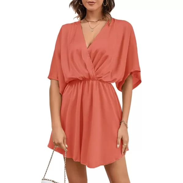 LYANER Women's Satin V Neck Twist Ruffle Flowy Swing Short Sleeve Elegant Mini Dress