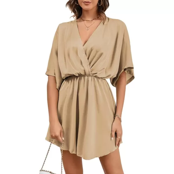LYANER Women's Satin V Neck Twist Ruffle Flowy Swing Short Sleeve Elegant Mini Dress