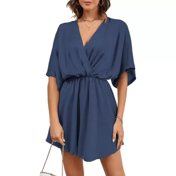 LYANER Women's Satin V Neck Twist Ruffle Flowy Swing Short Sleeve Elegant Mini Dress