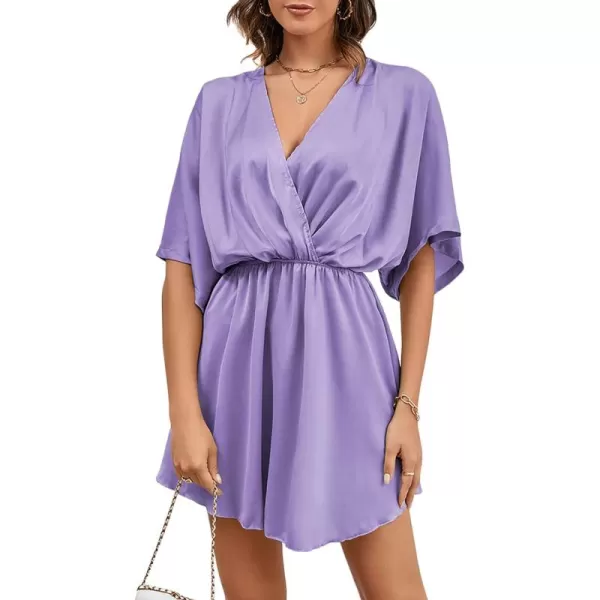 LYANER Women's Satin V Neck Twist Ruffle Flowy Swing Short Sleeve Elegant Mini Dress