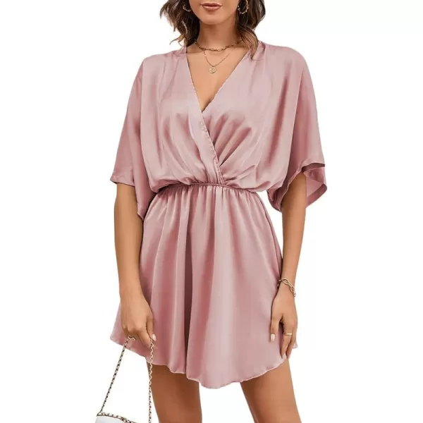 LYANER Women's Satin V Neck Twist Ruffle Flowy Swing Short Sleeve Elegant Mini Dress