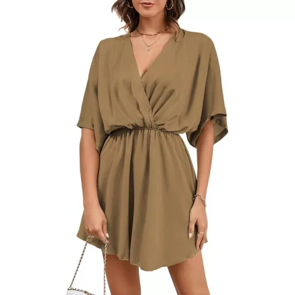 LYANER Women's Satin V Neck Twist Ruffle Flowy Swing Short Sleeve Elegant Mini Dress