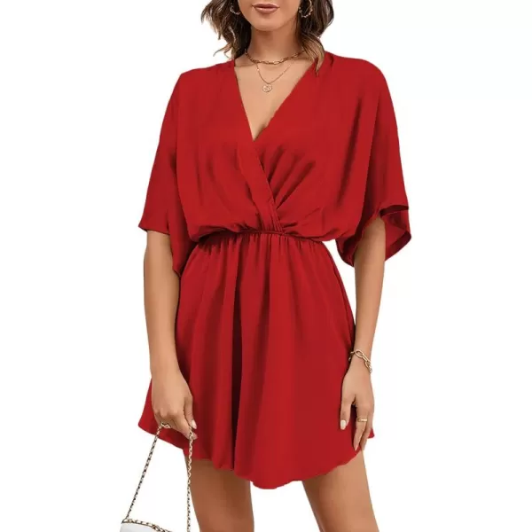 LYANER Women's Satin V Neck Twist Ruffle Flowy Swing Short Sleeve Elegant Mini Dress