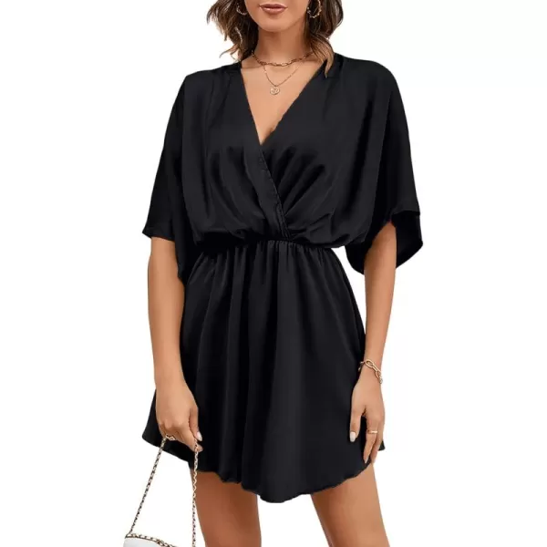 LYANER Women's Satin V Neck Twist Ruffle Flowy Swing Short Sleeve Elegant Mini Dress